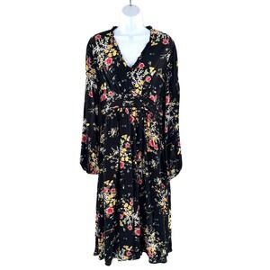 By TiMo Floral Print V Neck Midi Dress Black Pink Yellow‎ Size L Balloon Sleeve